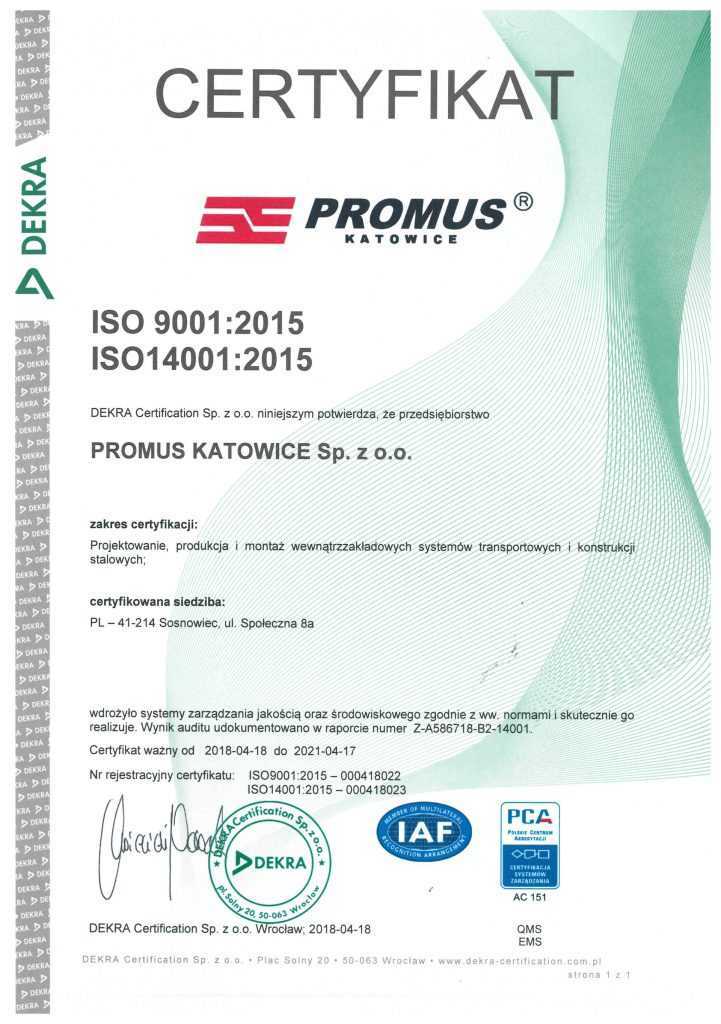 Certyfikat ISO 9001:2015 ISO 14001:2015